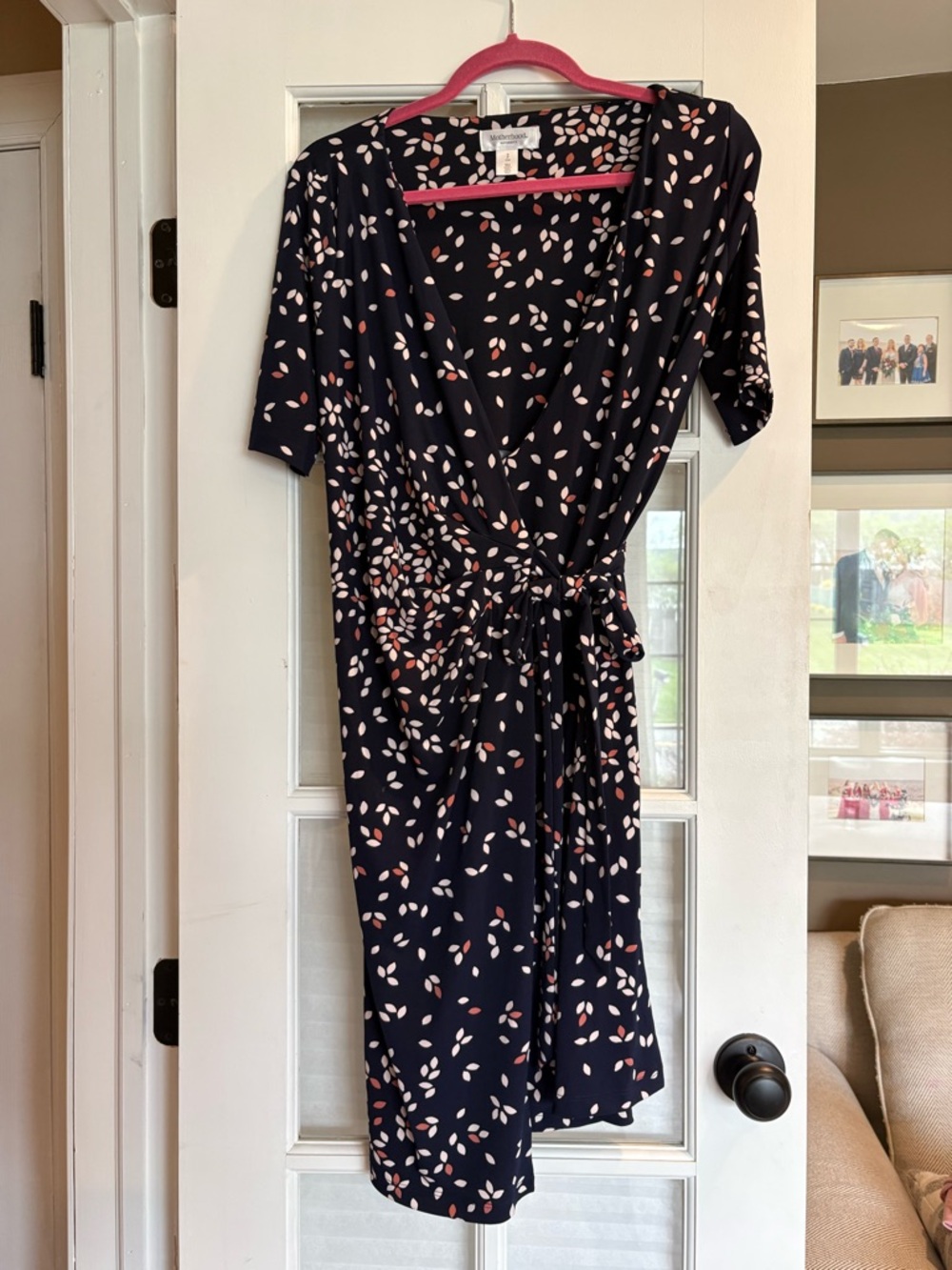Navy Floral Maternity Wrap Dress with Pink and Cream Accents